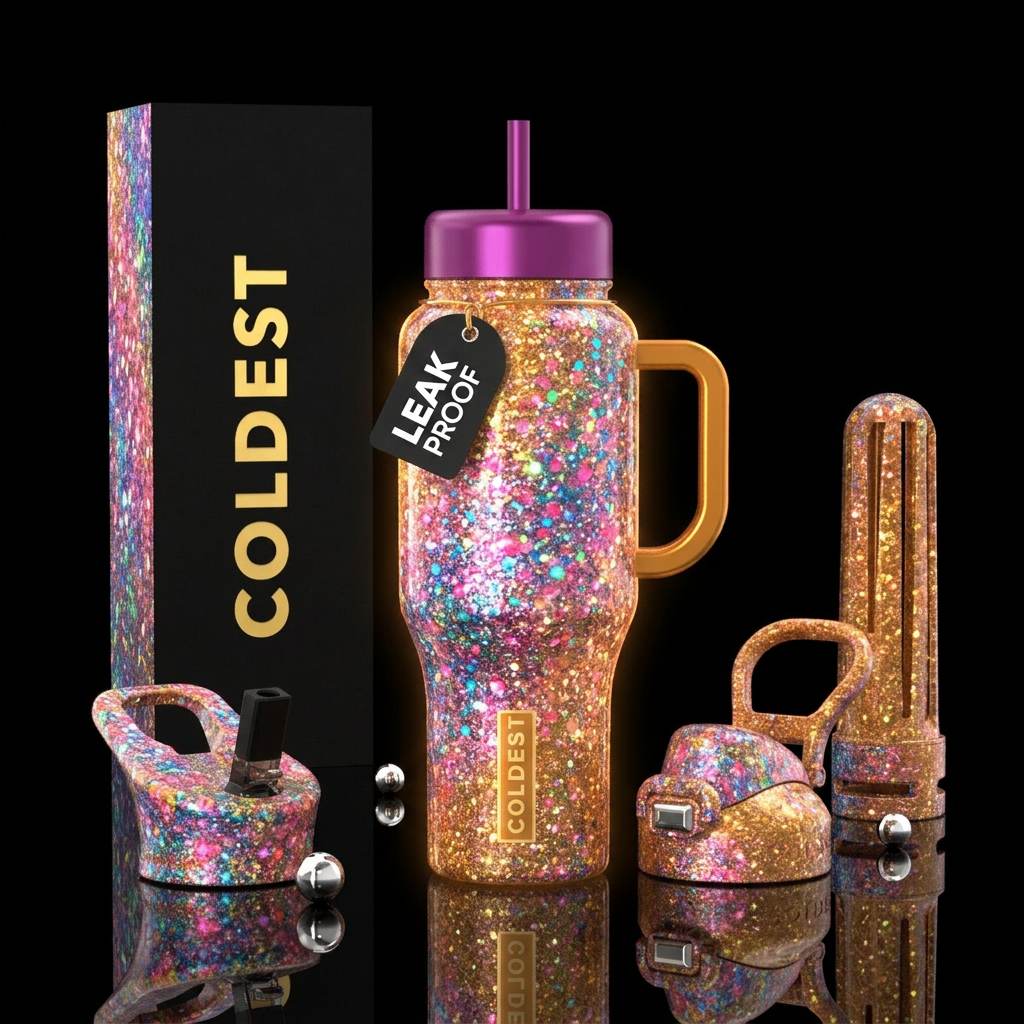 Whimsical magical glitter glowing glowie multi col... water bottle design
