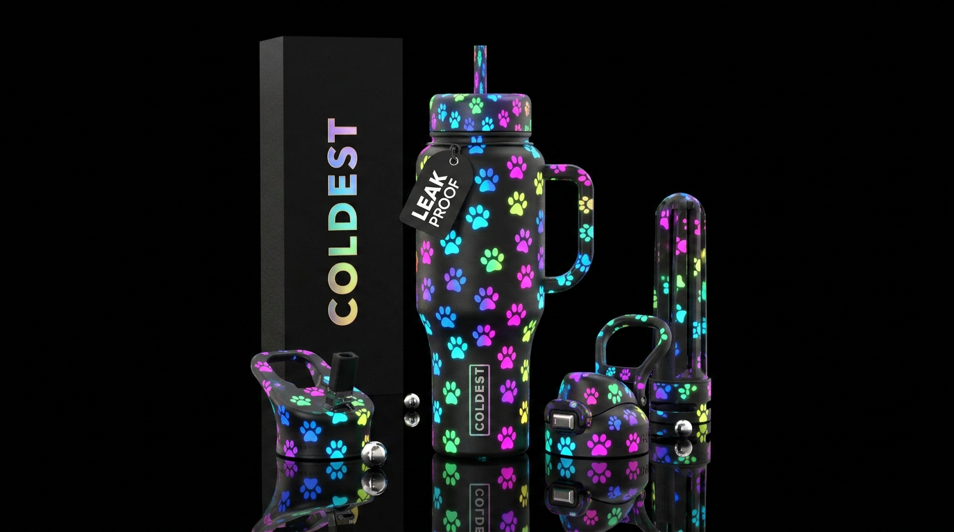 Whimsical magical glowing multi color glowie paws ... water bottle design