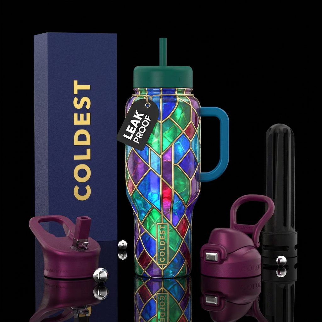 Whimsical magical glowing stained glass water bottle design