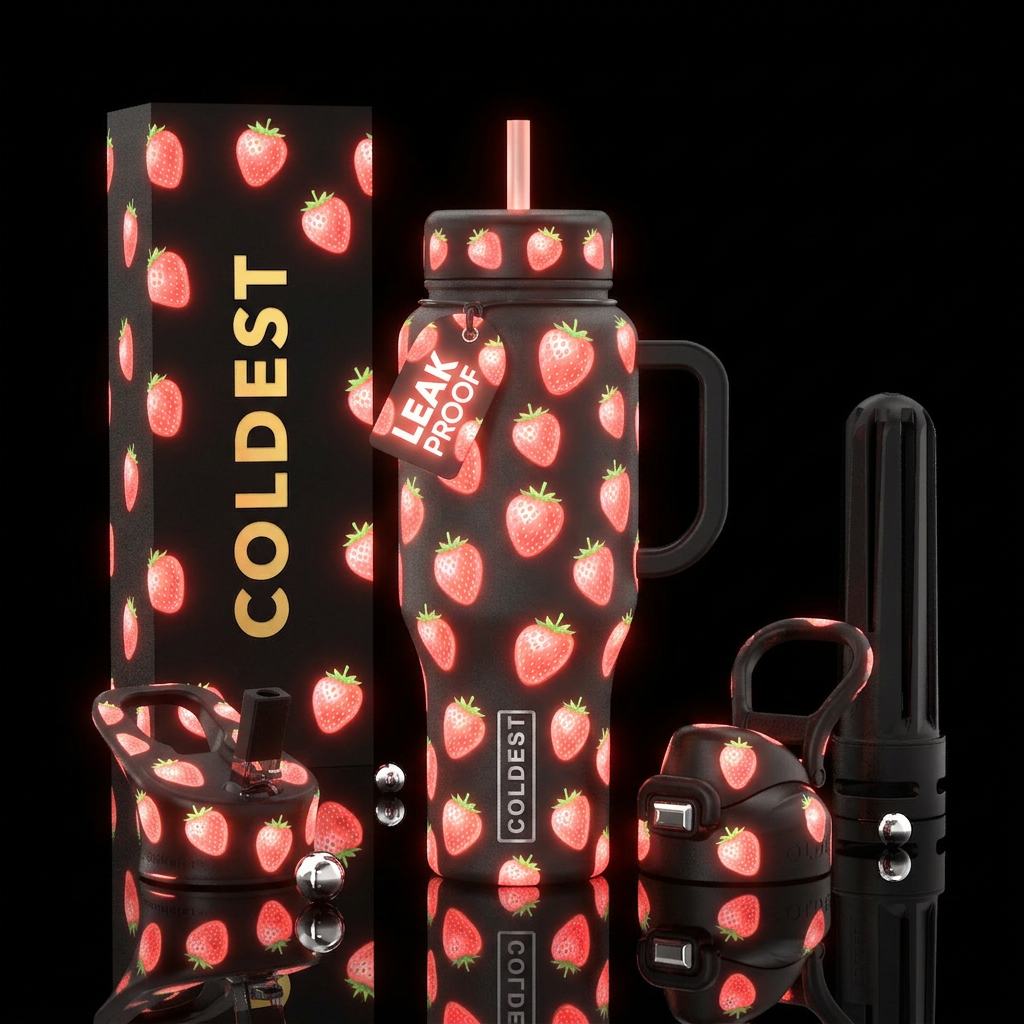 Whimsical strawberries 🍓 that are glowing water bottle design