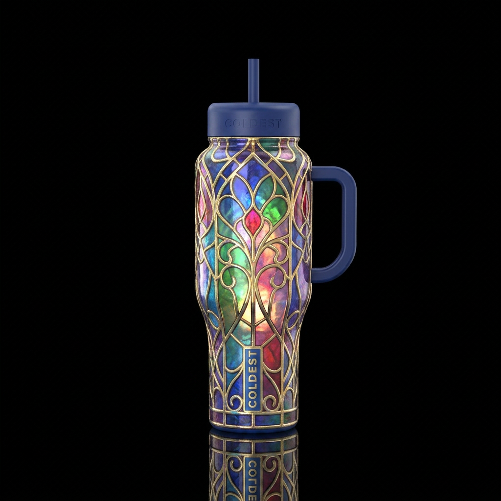 Whimsical magical stainglass with iridescent gold ... water bottle design