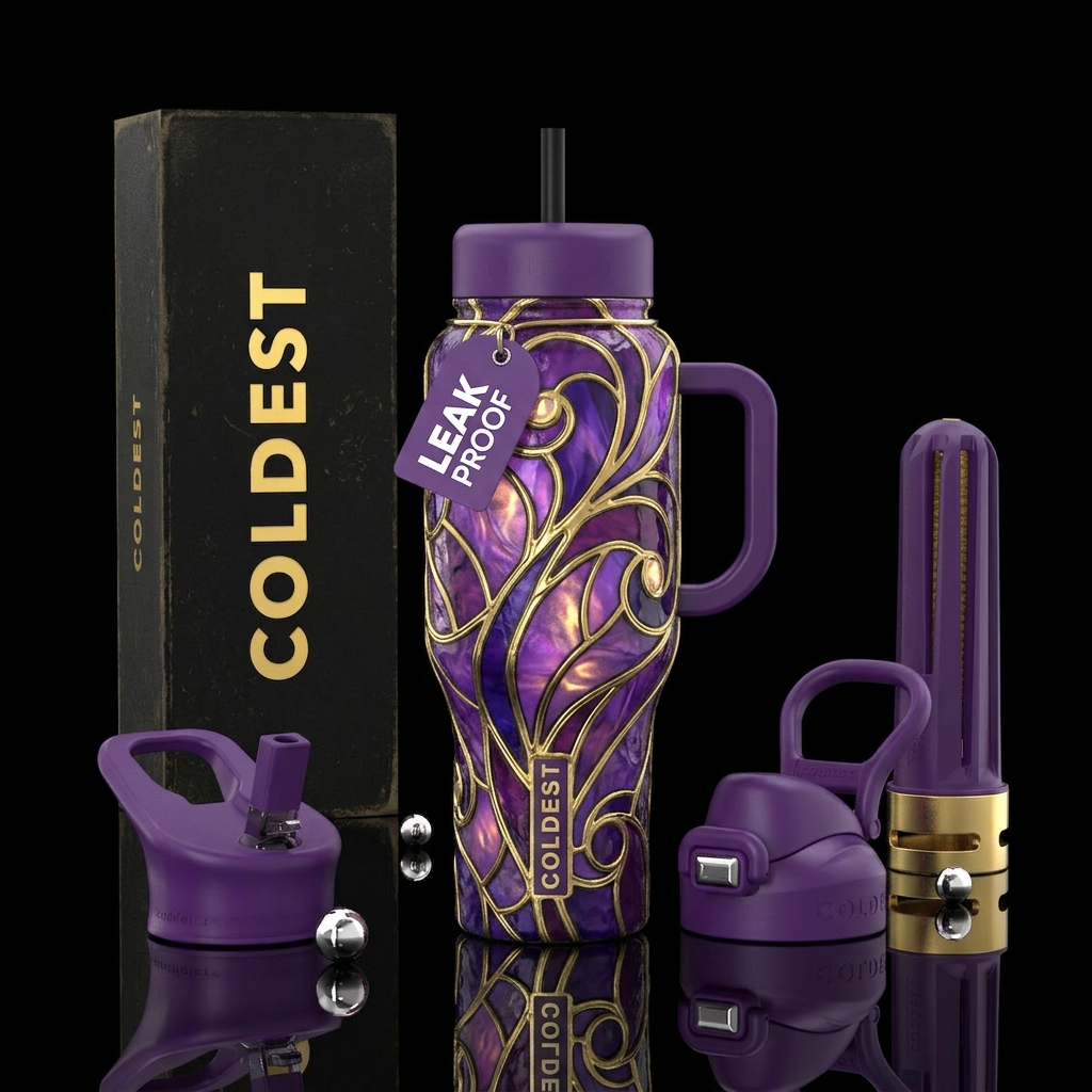 Whimsical magical purple 🫟 stainglass with alot o... water bottle design
