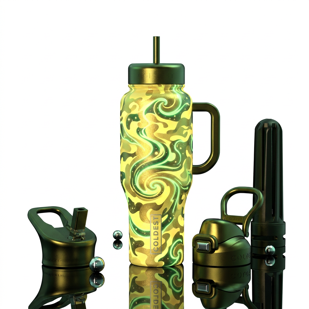 Whimsical magical yellow camouflage in a glowing g... water bottle design