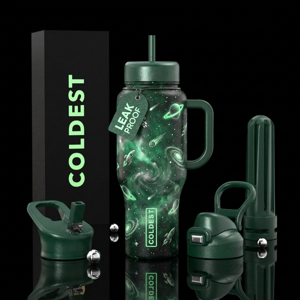 Whimsical magical space race with a glowing glowin... water bottle design