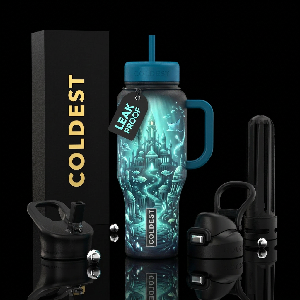 Whimsical magical glow of Atlantis’s  that is glow... water bottle design