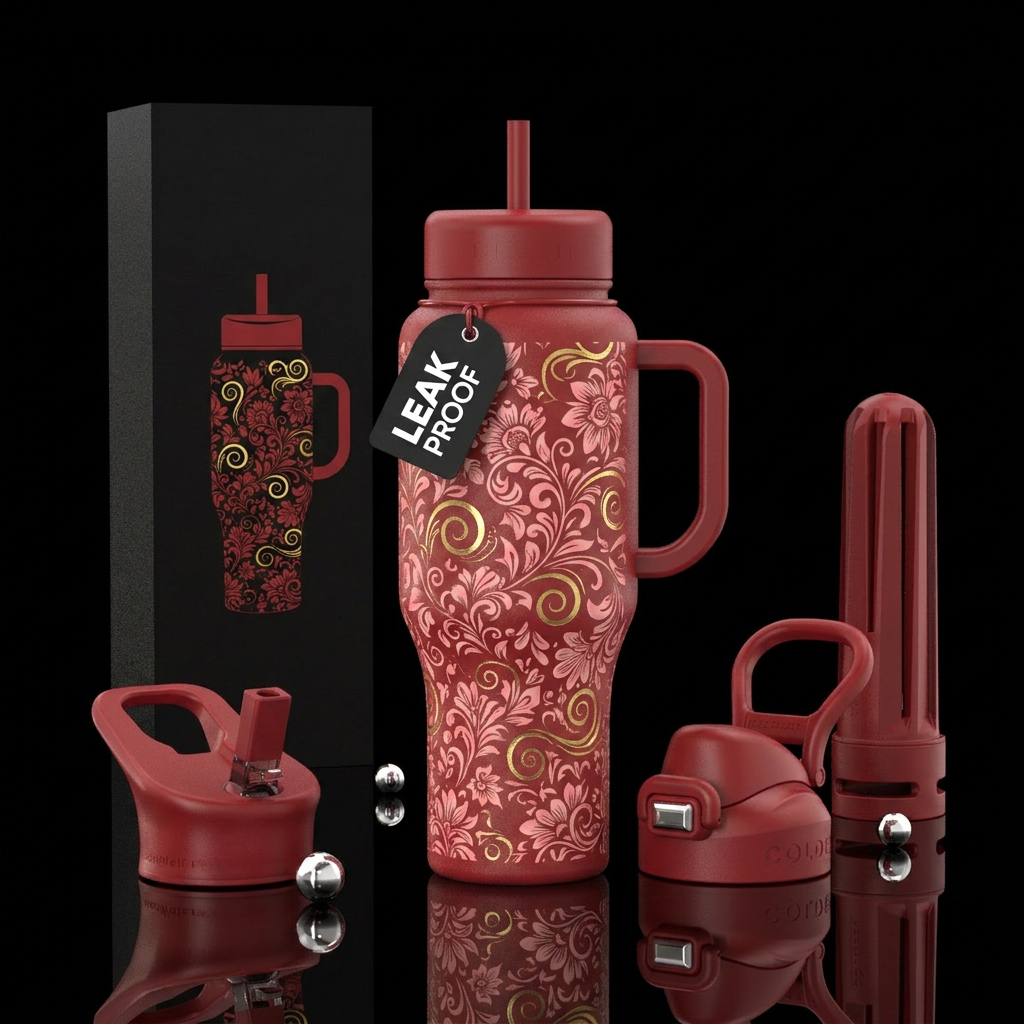 Moonlight red floral with gold swirls etching water bottle design