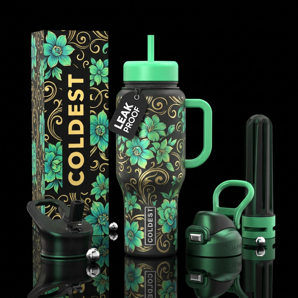 Moonlight green floral with gold swirls etching al... water bottle design
