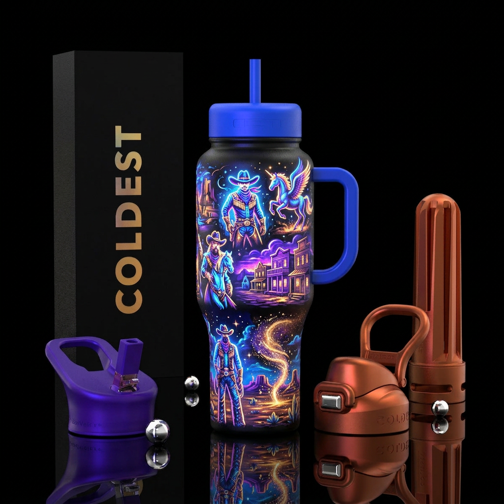 Whimsical magical westerner cowboys, western life ... water bottle design