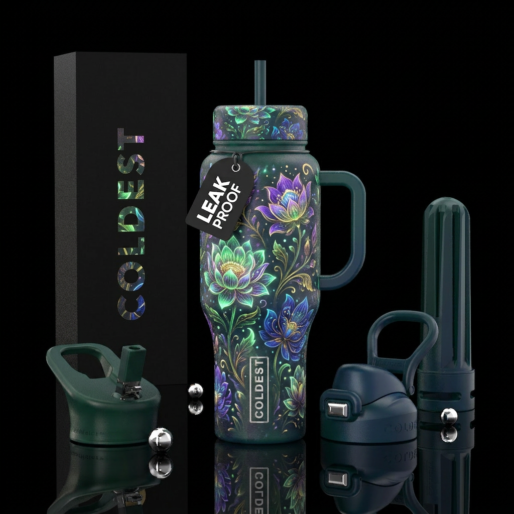 Whimsical magical glowing florals with with a water bottle design