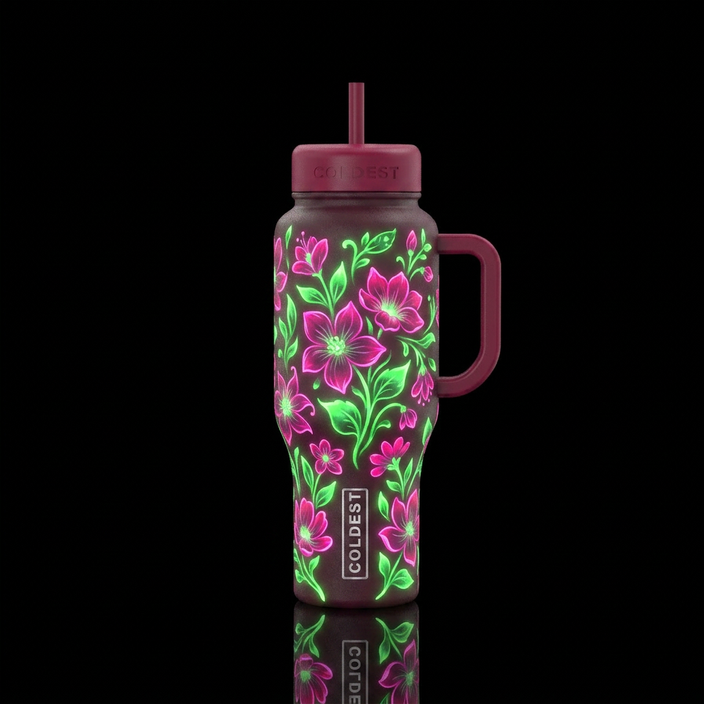 Whimsical and magical glowing florals with a raspb... water bottle design