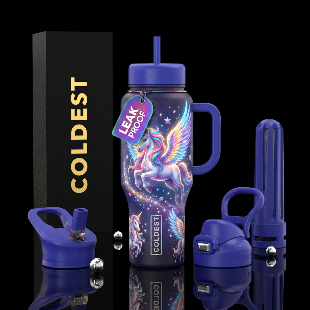 Whimsical magical unicorn flying with their wings ... water bottle design