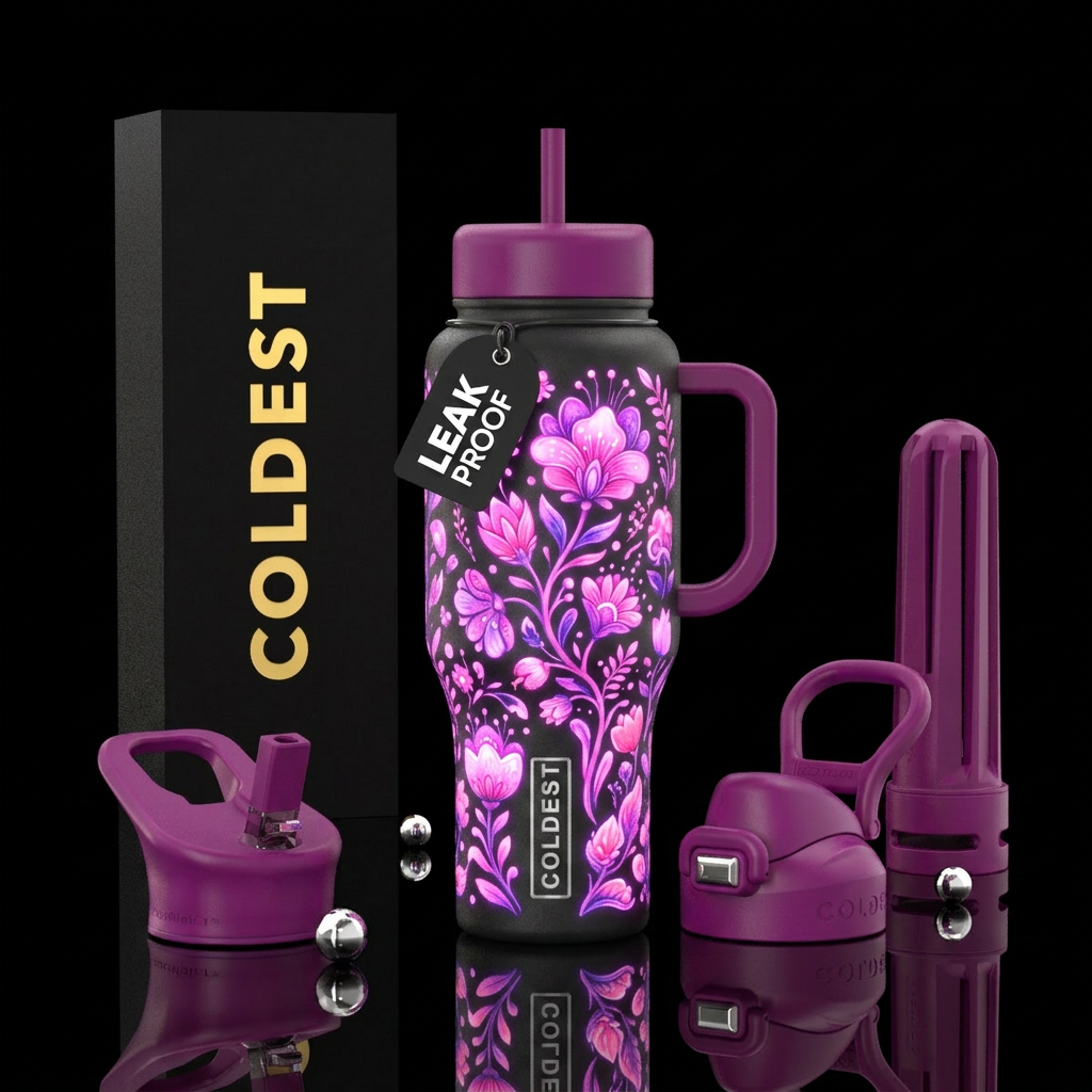 Whimsical magical pink and purple florals of flora... water bottle design