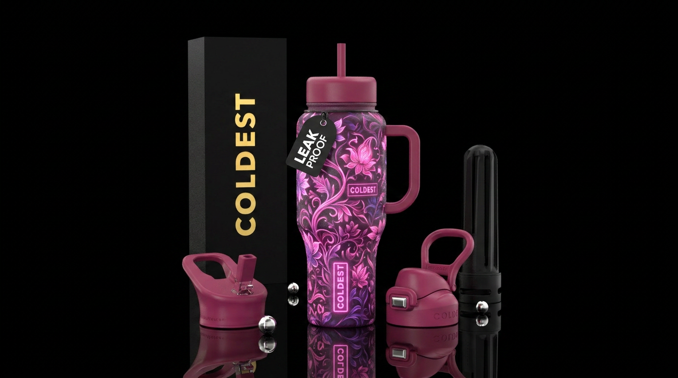 Whimsical magical pink and purple florals of flora... water bottle design