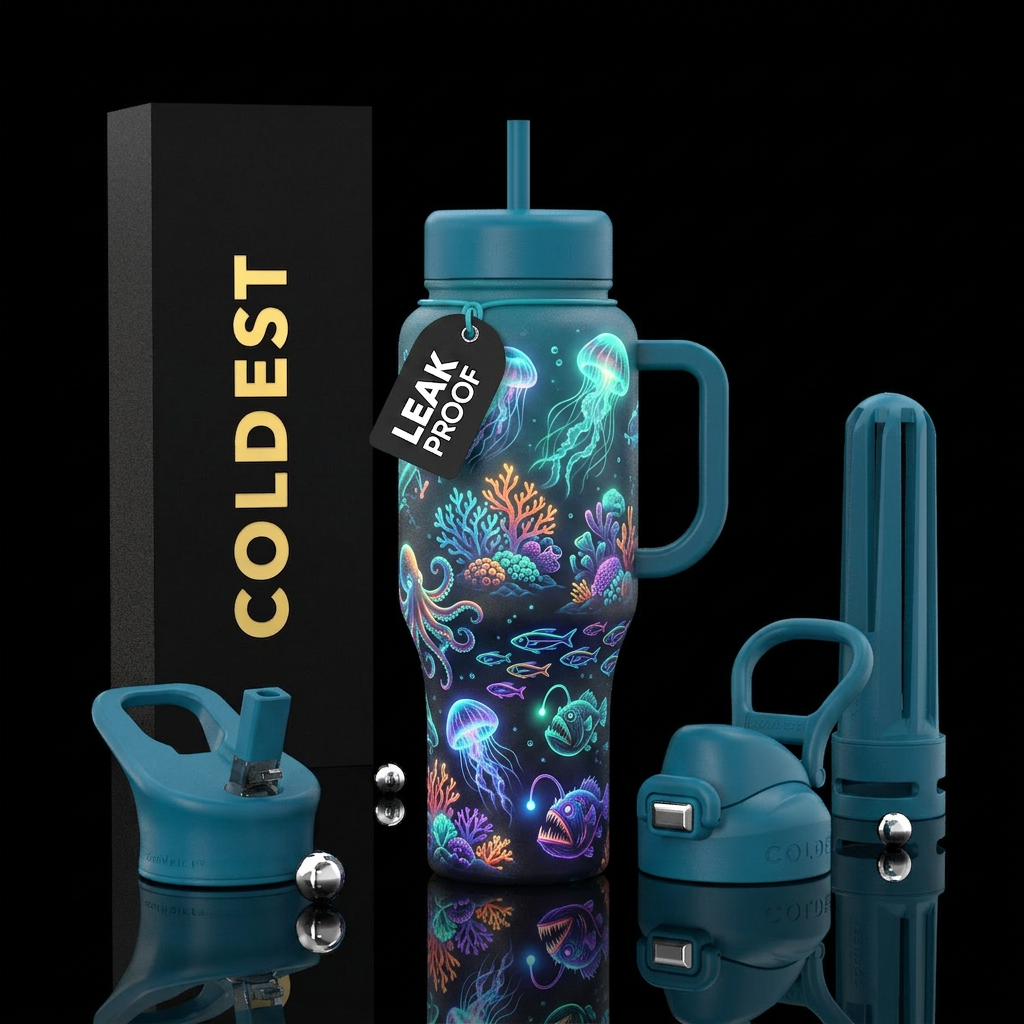 Whimsical magical sea life that is glowie water bottle design