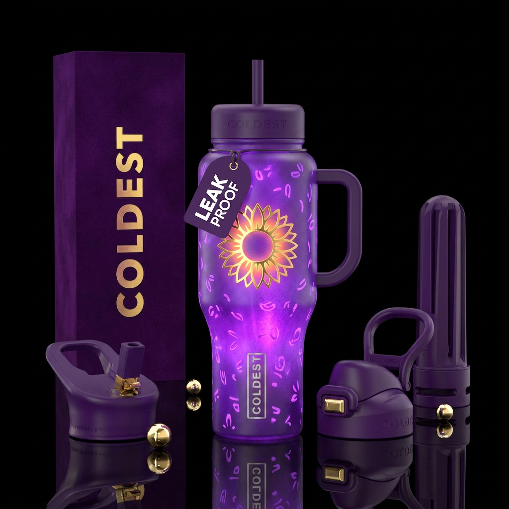 32oz glowie purple with a sunflower 🌻 that glows ... water bottle design