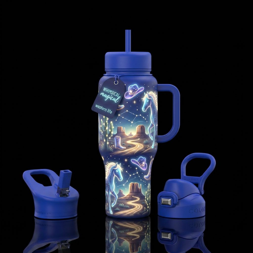 Whimsical magical western life that is glowie water bottle design