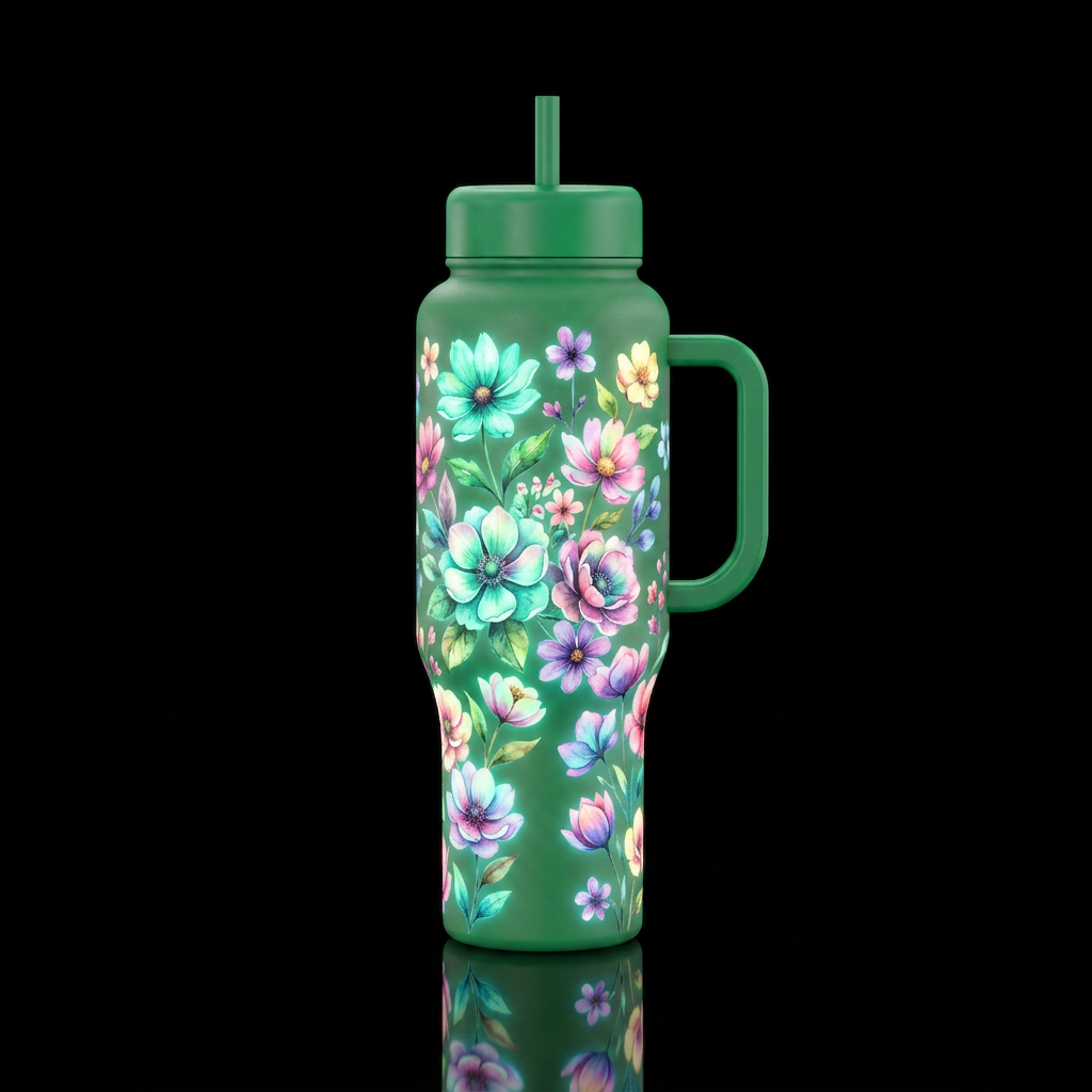 Green with multicolor boutique of flowers 💐 that ... water bottle design