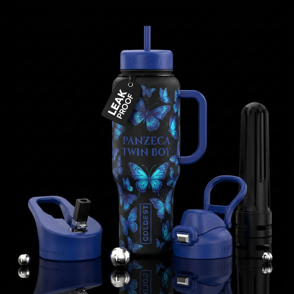 Whimsical magical butterfly in blue for the panzec... water bottle design