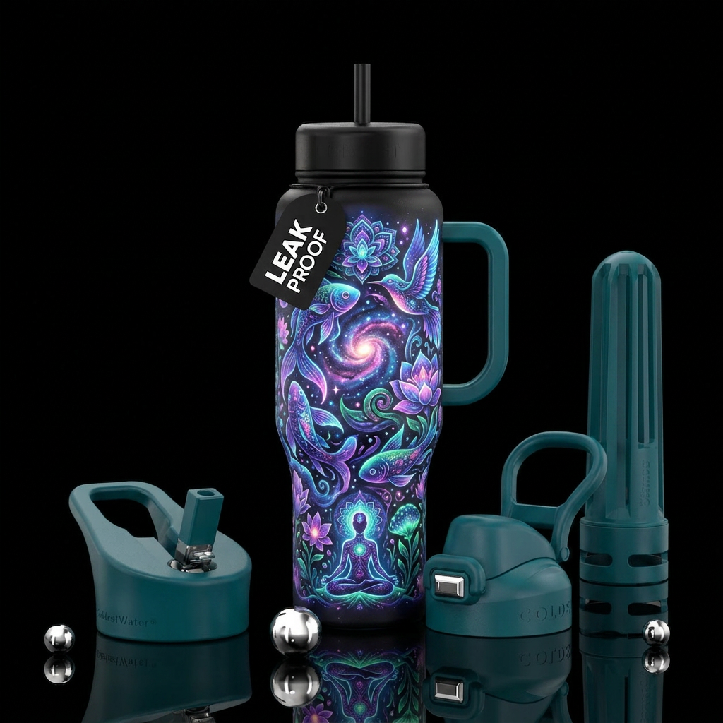 Whimsical magical glowing zen water bottle design
