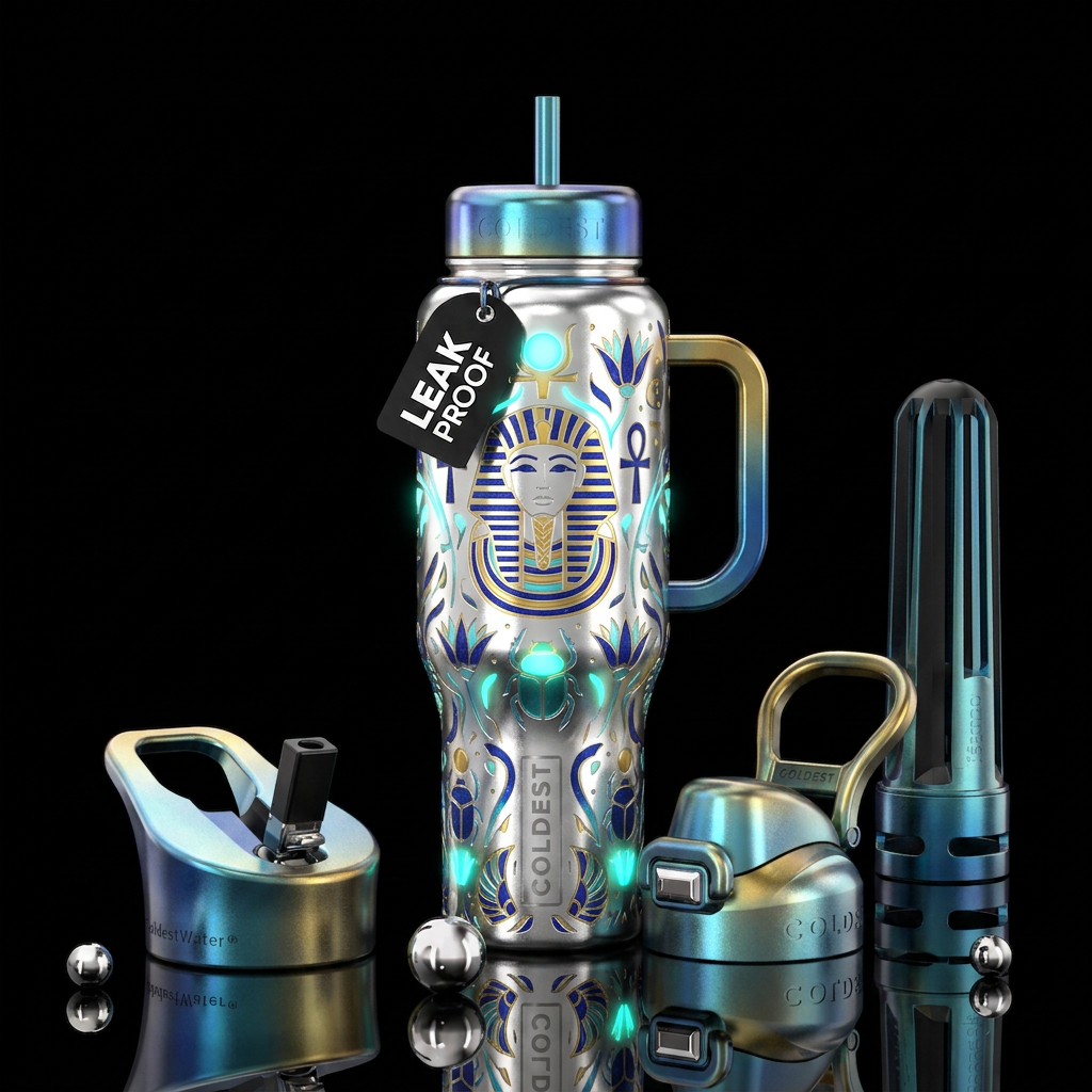 Whimsical magical cleopatra glowie with silver water bottle design