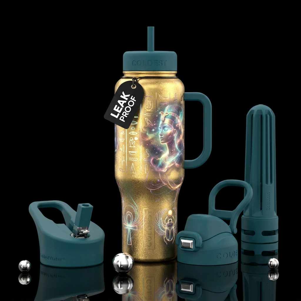 Whimsical magical glowie cleopatra with gold bottl... water bottle design