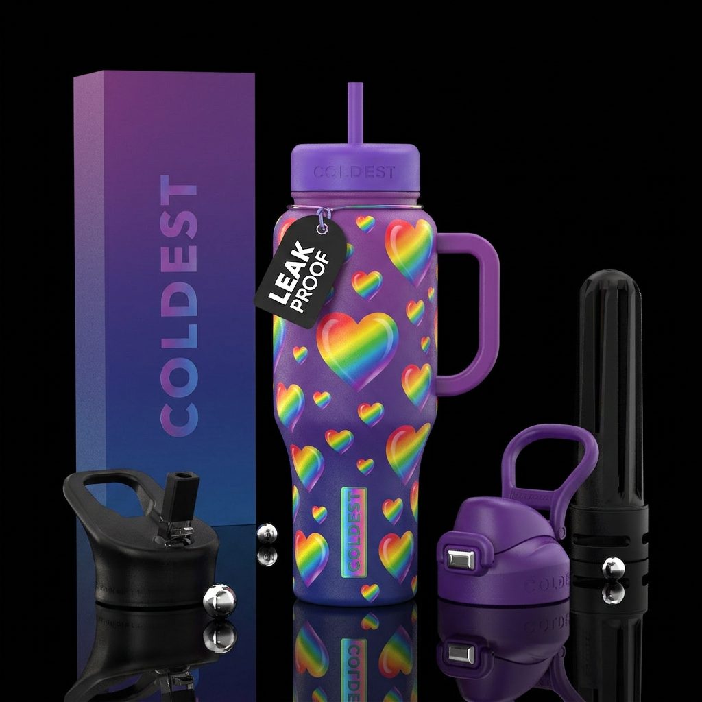Rainbow hearts water bottle design