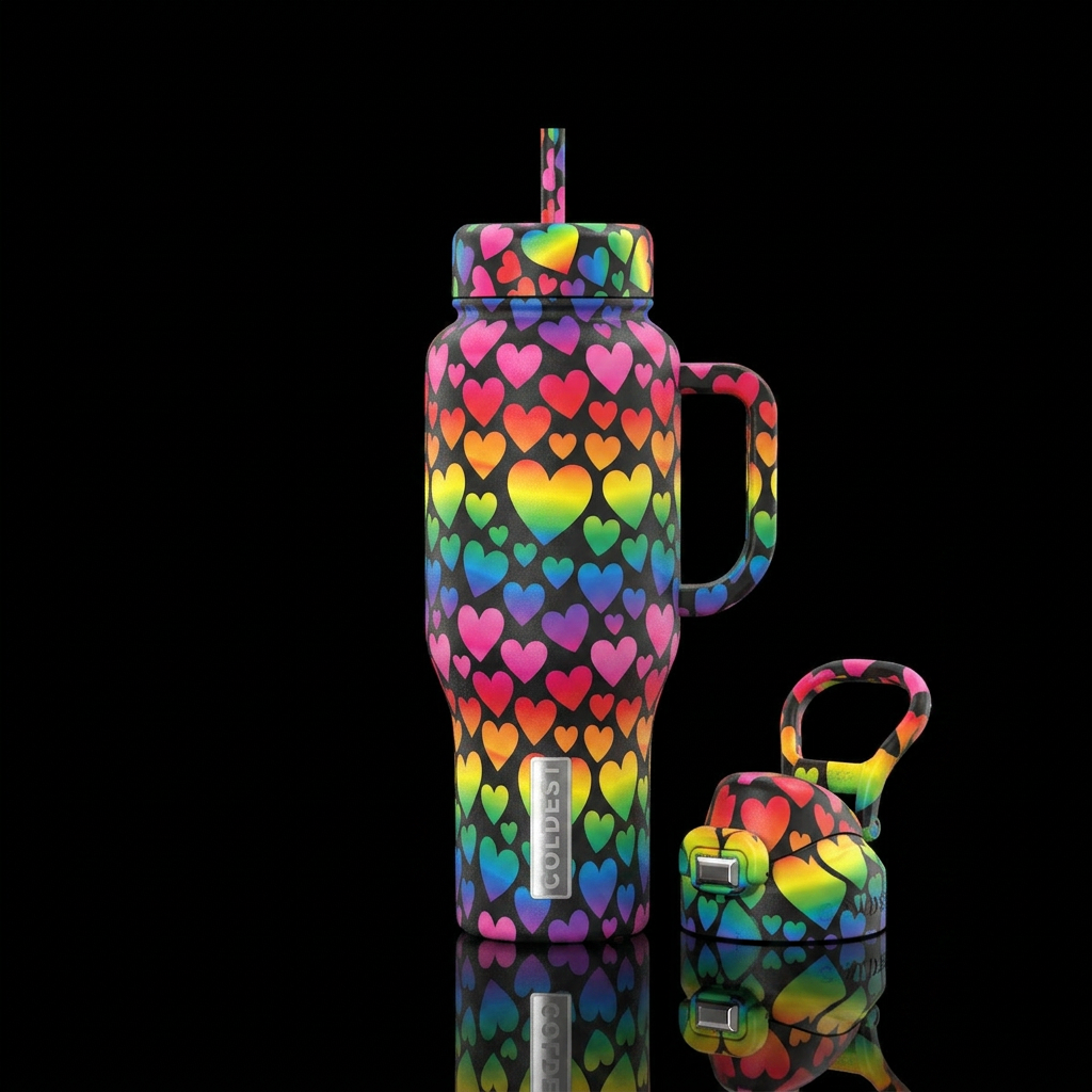Rainbow hearts water bottle design
