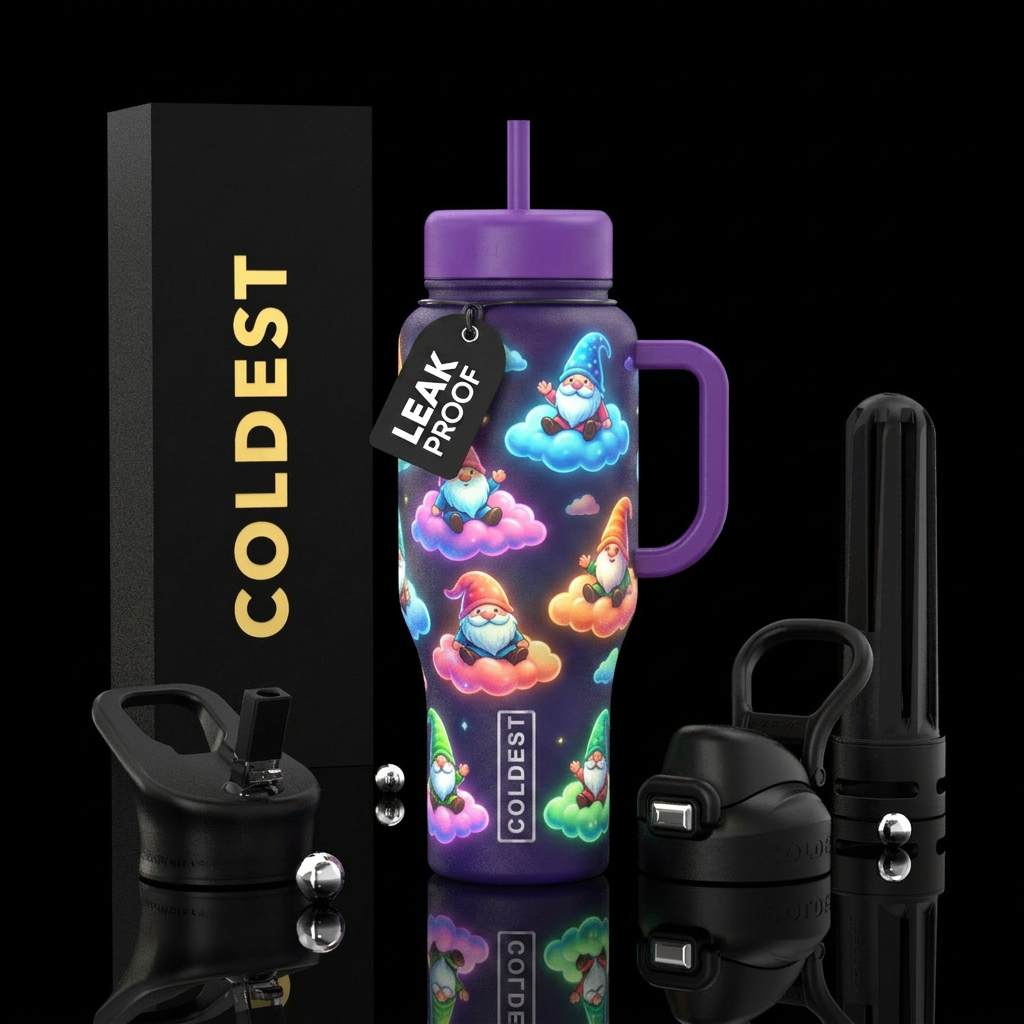 Glowie Gnomes sitting on different colored clouds water bottle design