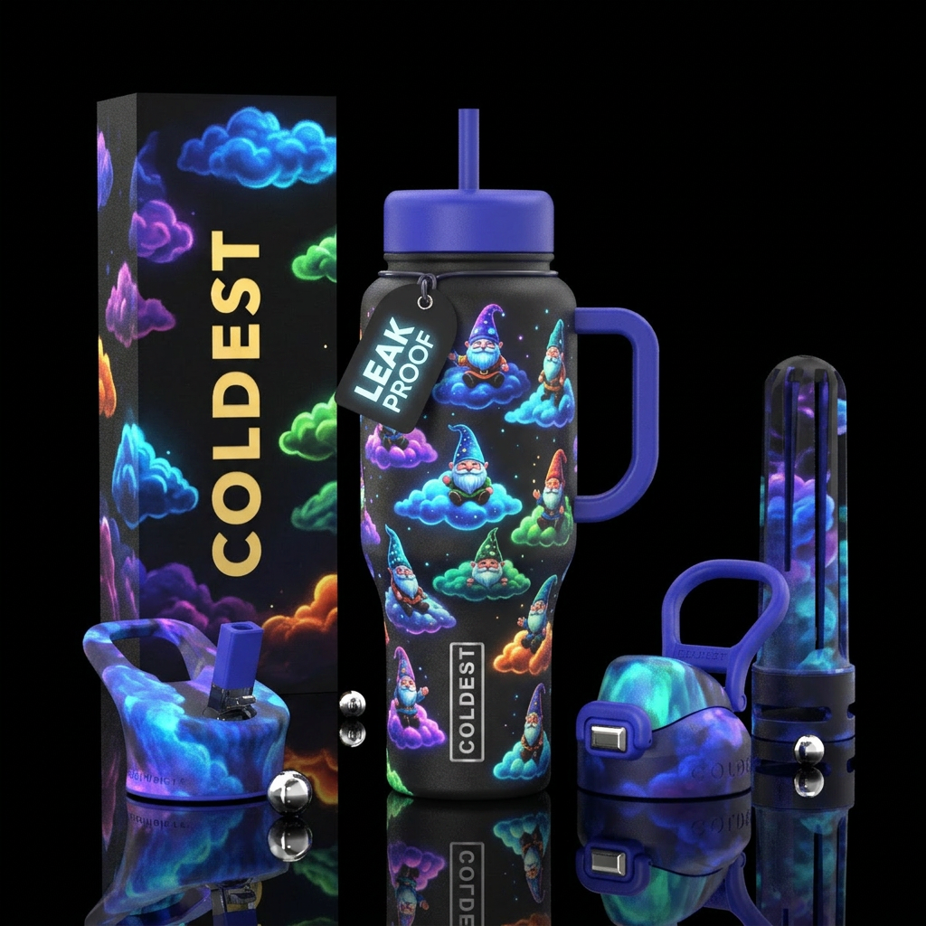 Glowie Gnomes sitting on different colored clouds water bottle design