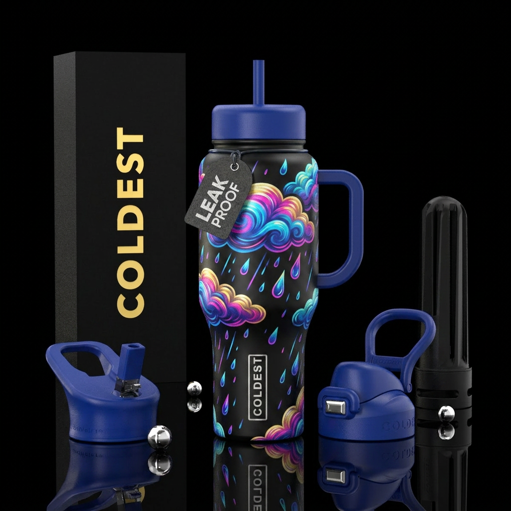 Glowie swirled multicolored rain clouds with rain ... water bottle design