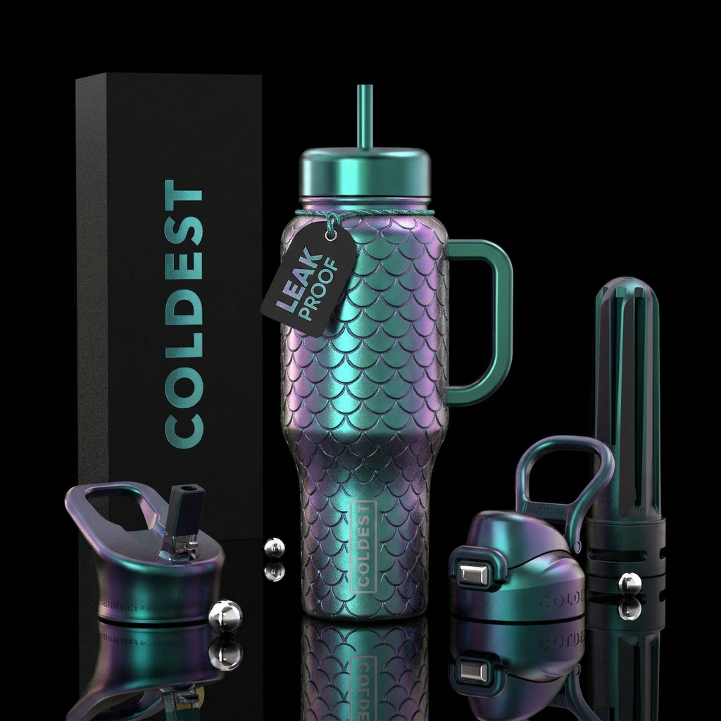 Metallic teal purple green mermaid water bottle design