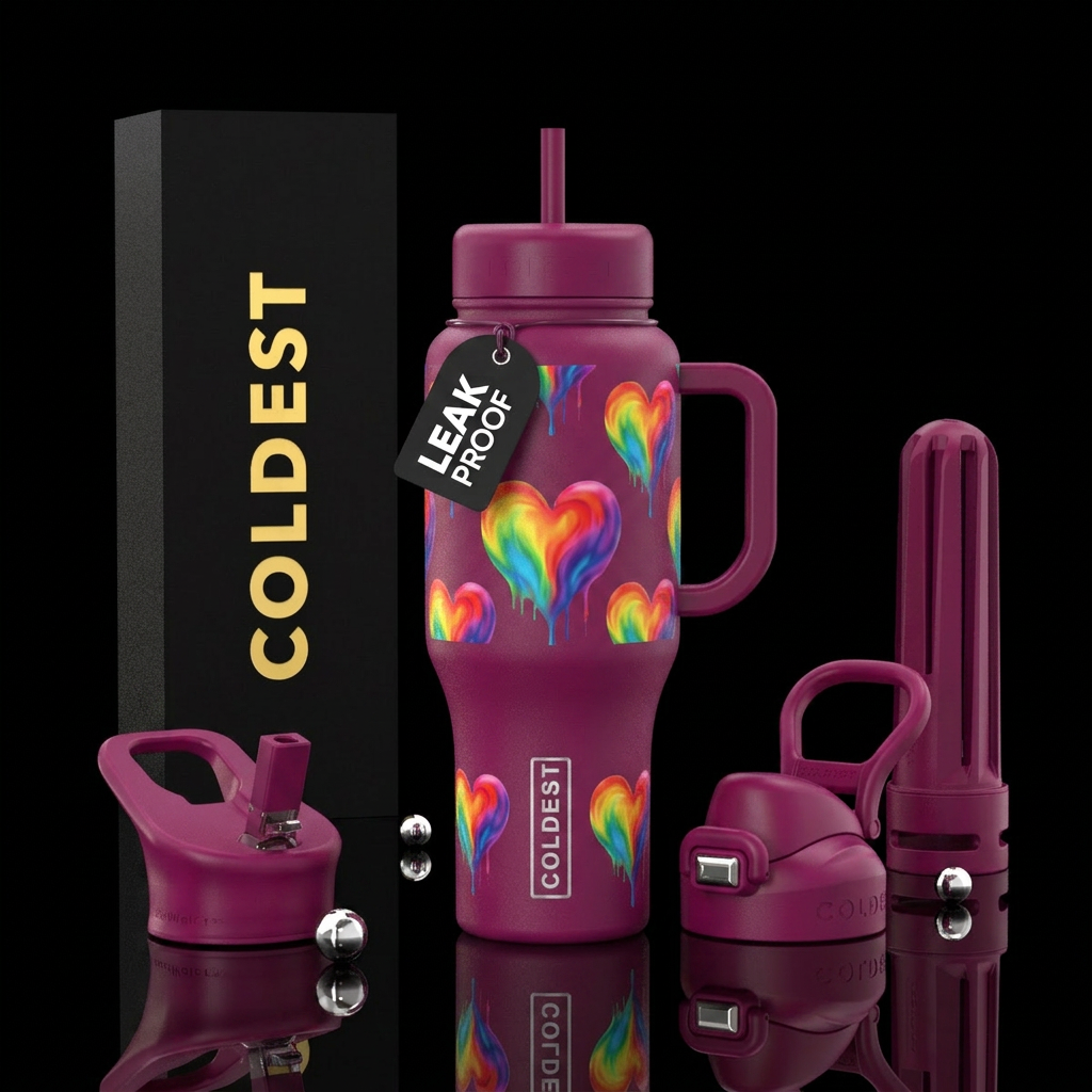 Rainbow bleeding hearts water bottle design