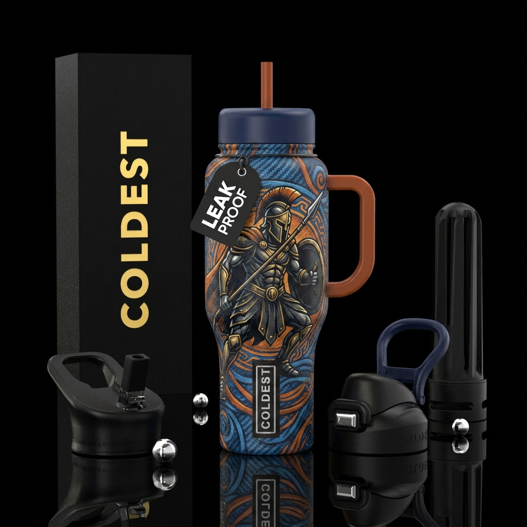 Blue and orange background with a spartan water bottle design
