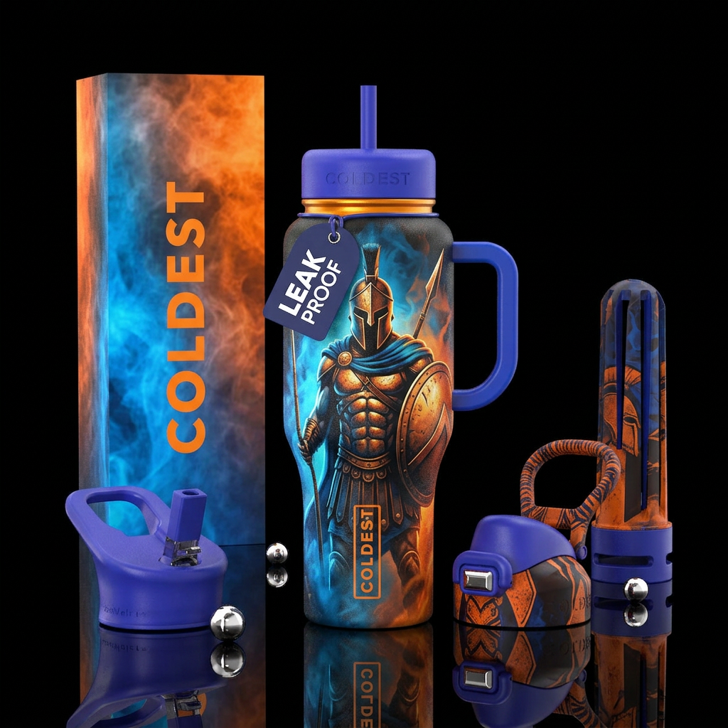 Blue and orange background with a spartan water bottle design