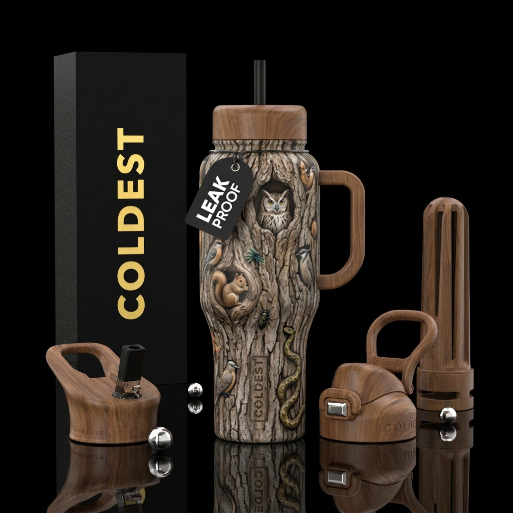 Multiple animals hidden in a tree trunk water bottle design