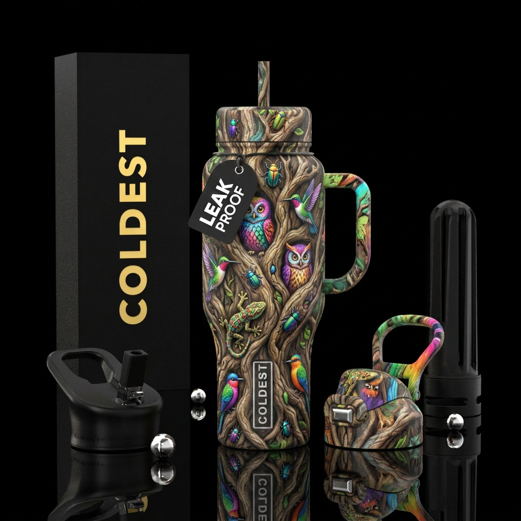 Multiple animals hidden in a tree trunk water bottle design