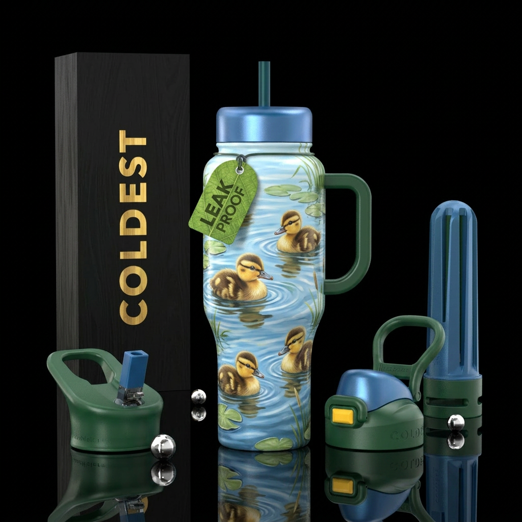 Baby duckies swimming a lake water bottle design