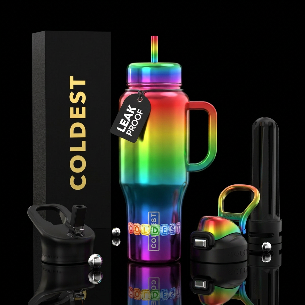 Spell out coldest in rainbow icecubes water bottle design