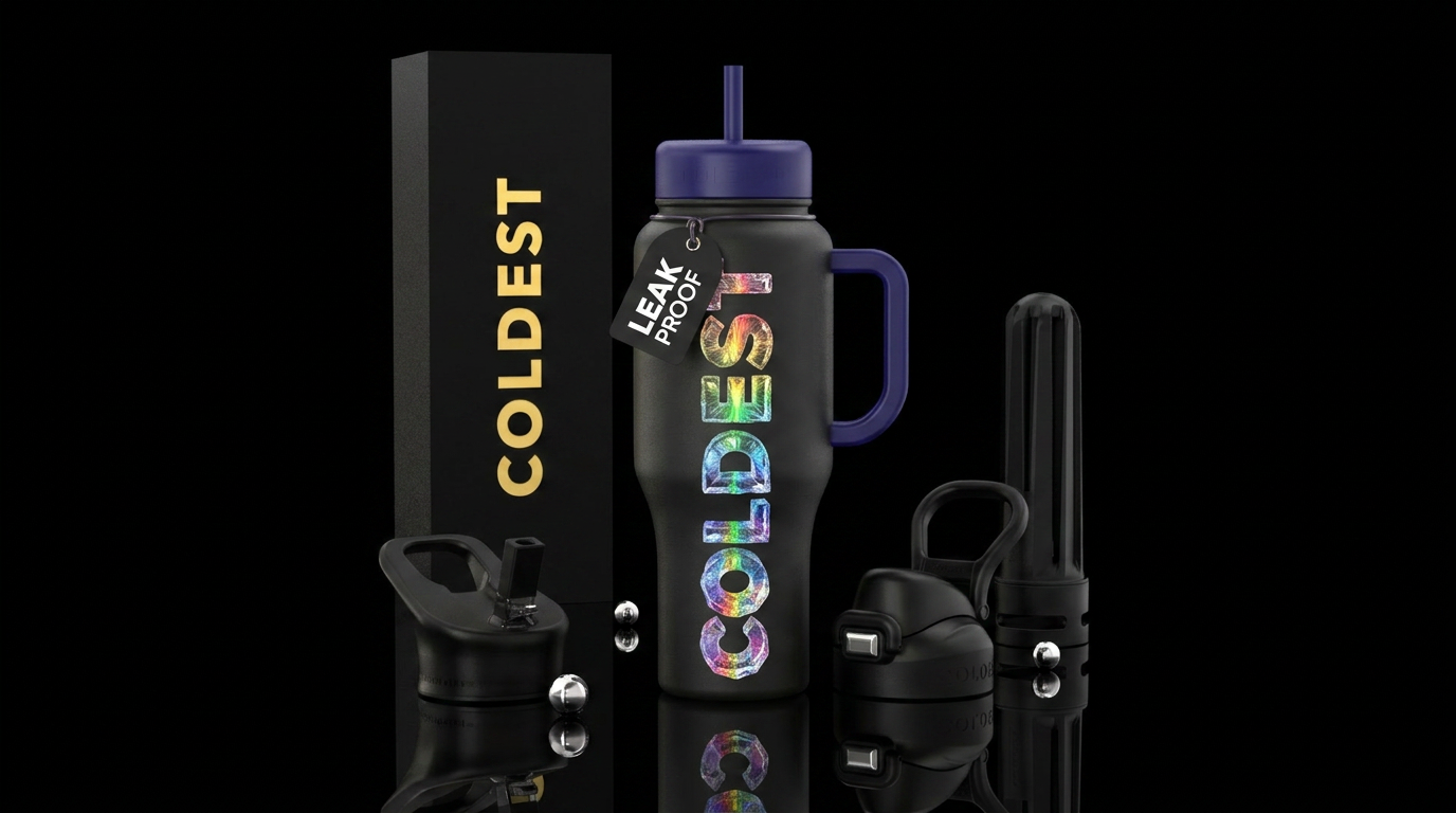 Spell out coldest in rainbow icecubes water bottle design