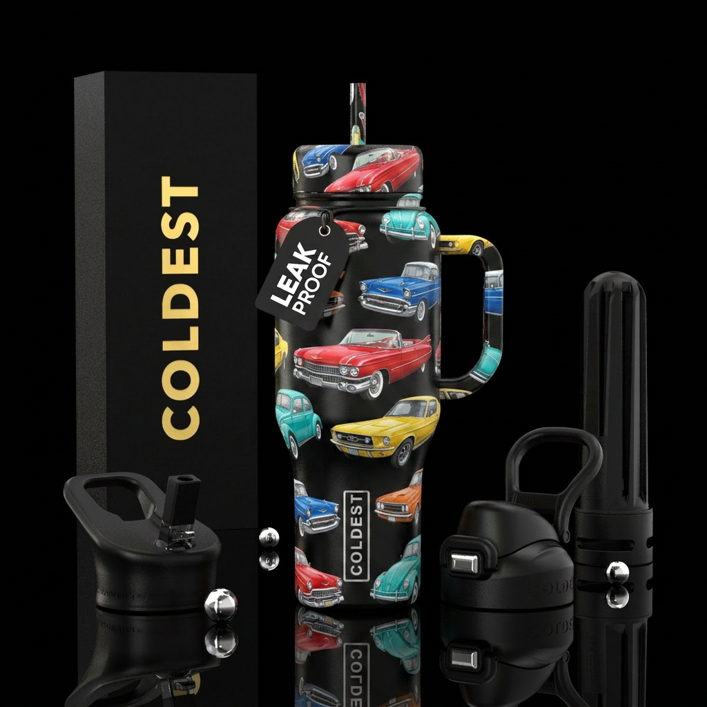 Vintage cars water bottle design