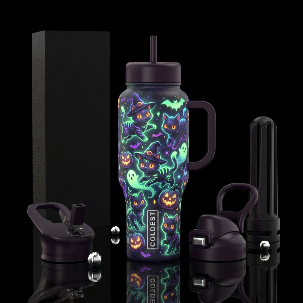 Frolicking glowie halloween kittens water bottle design