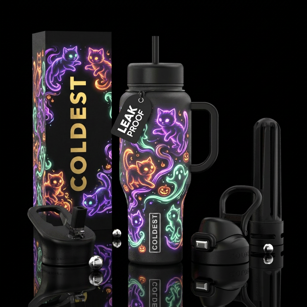 Frolicking glowie halloween kittens water bottle design