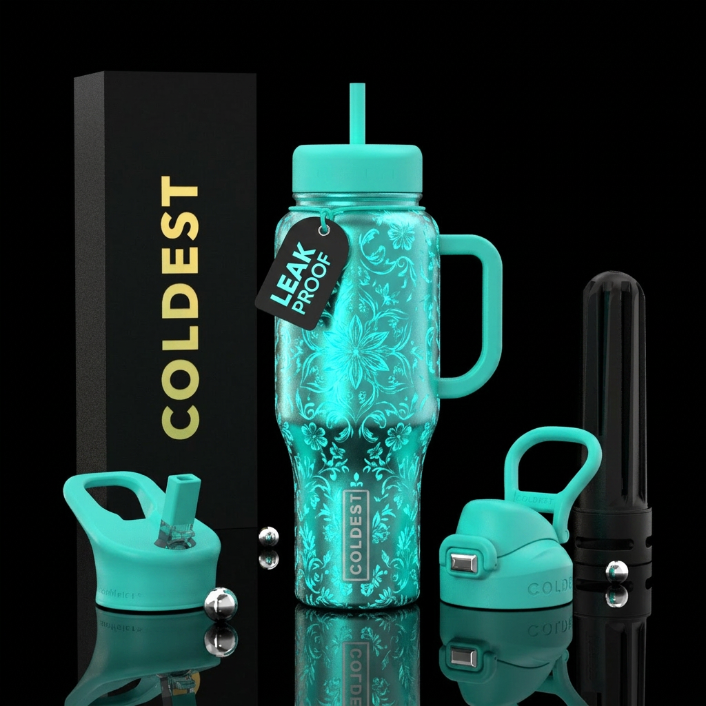 Glowi Teal snow floral water bottle design