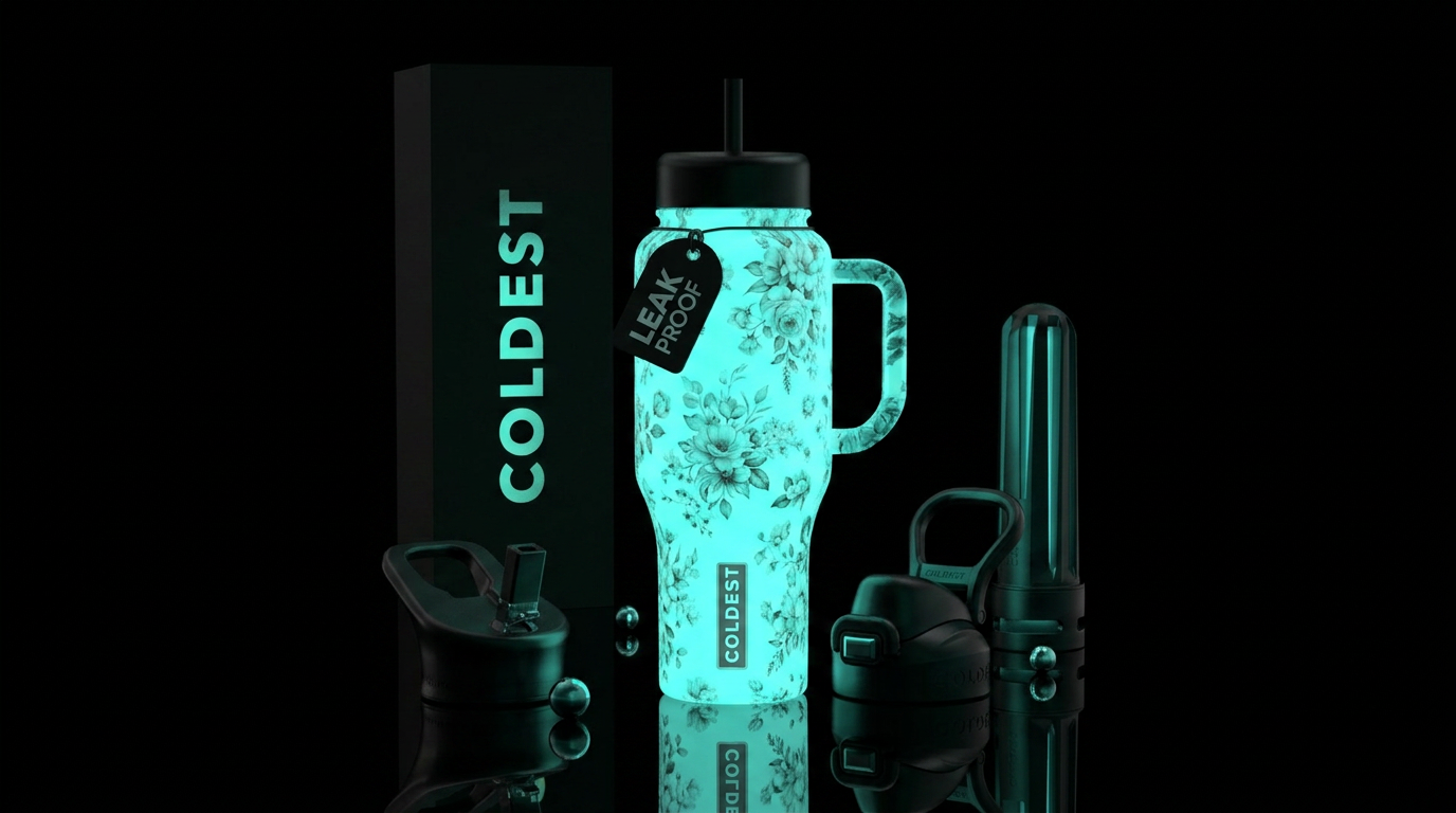 Glowi Teal snow floral water bottle design