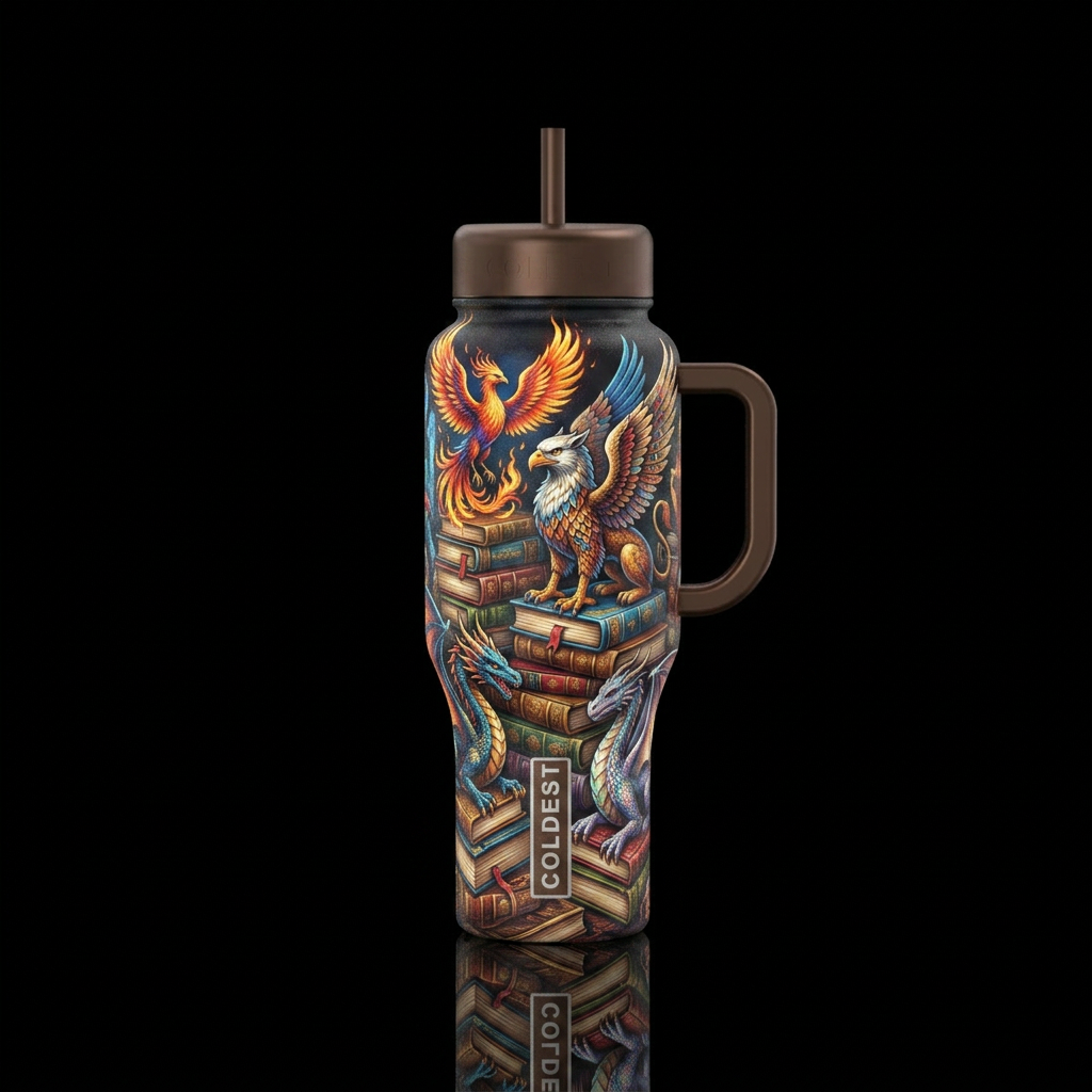 Mythical creatues rising from books water bottle design