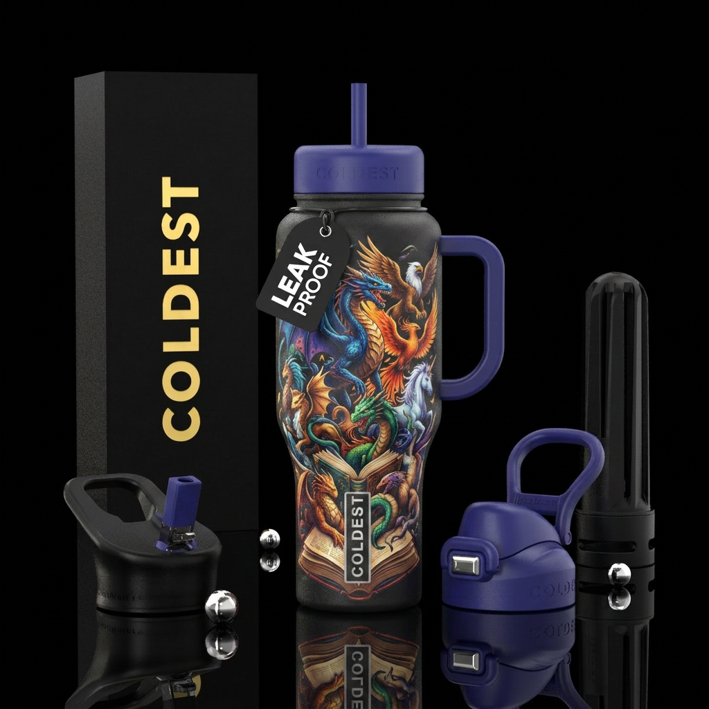 Mythical creatues rising from books water bottle design