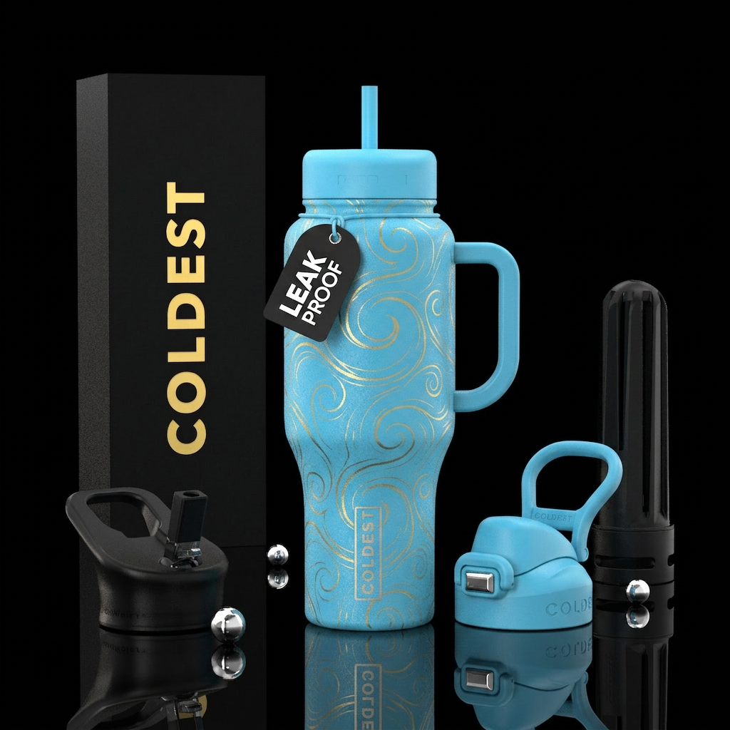 Gold swirls on light blue background water bottle design