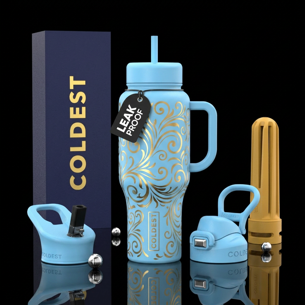 Gold swirls on light blue background water bottle design