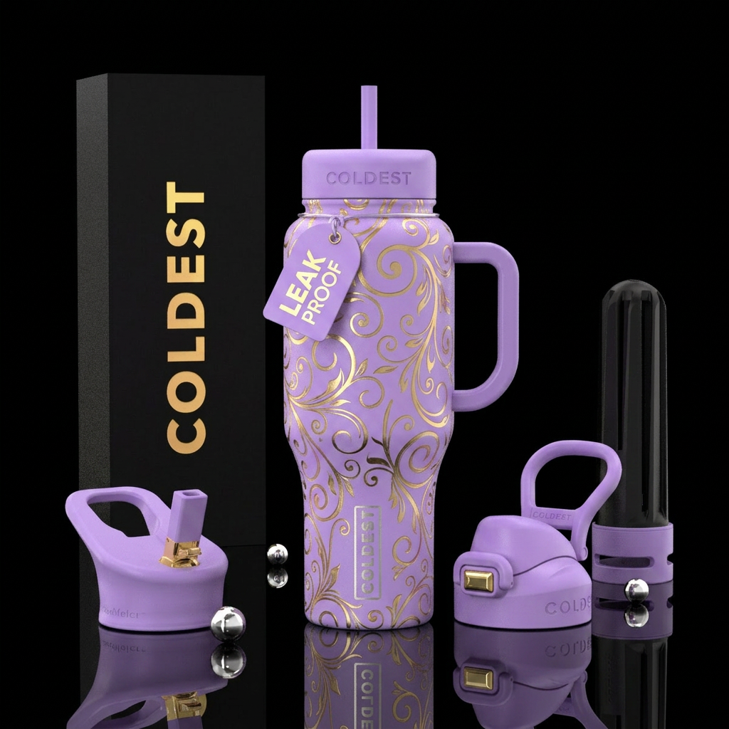 Lavender background with gold swirls water bottle design