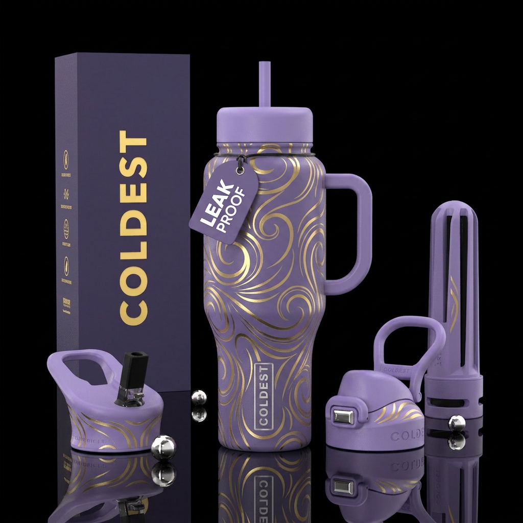 Lavender background with gold swirls water bottle design